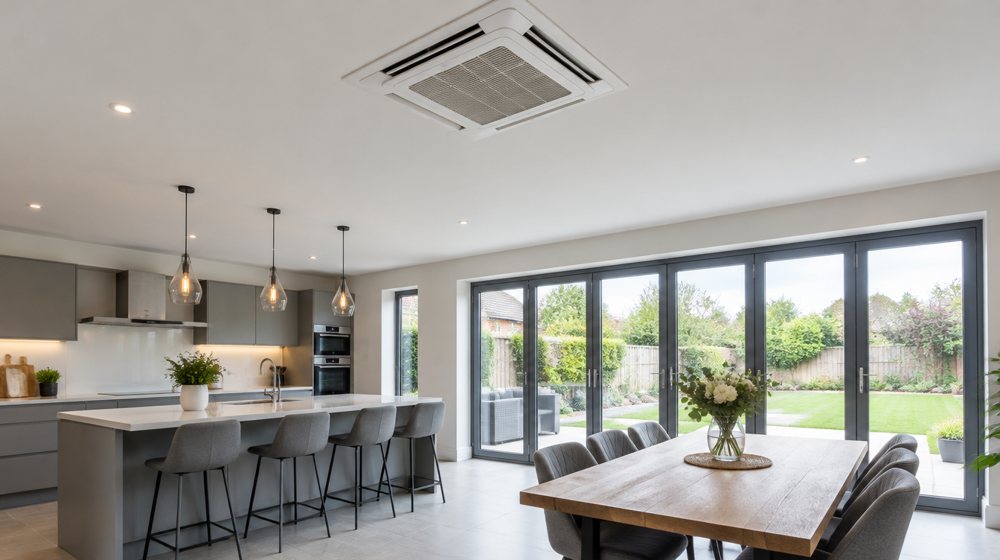 A ceiling cassette air conditioning unit in an open-plan kitchen