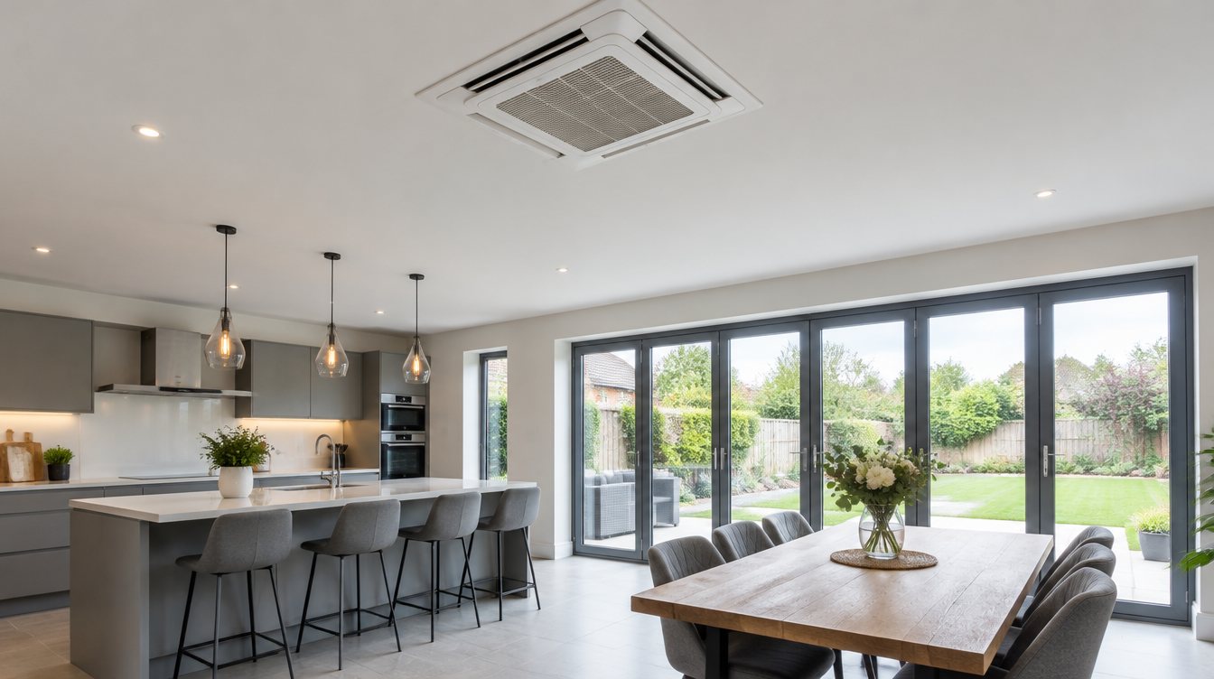 A ceiling cassette in an open-plan kitchen