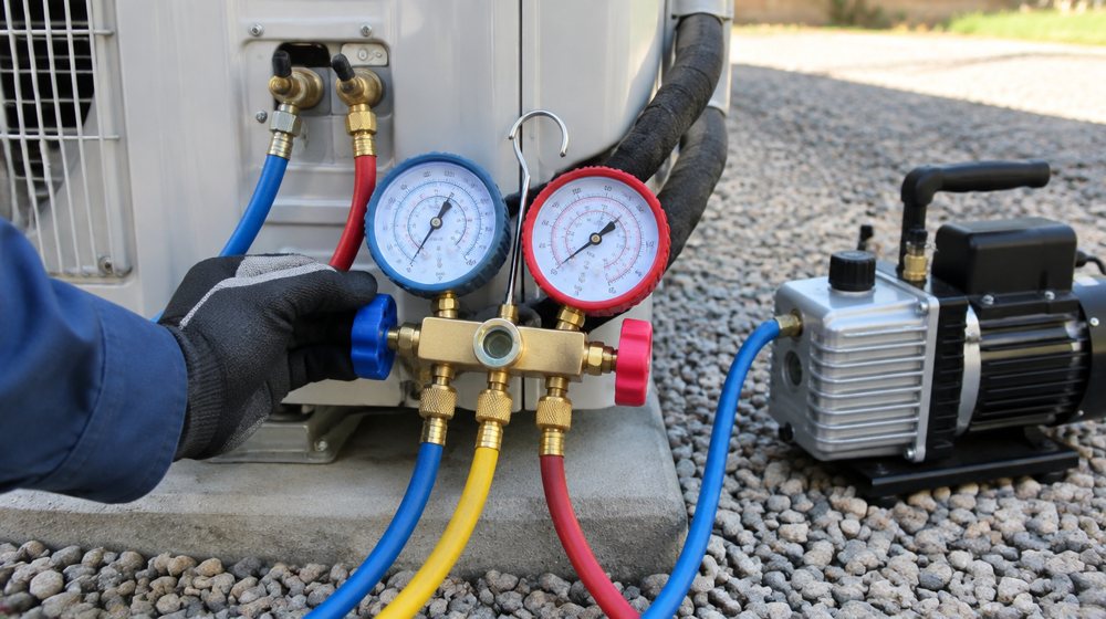 A manifold gauge set and vacuum pump connected to the outdoor unit