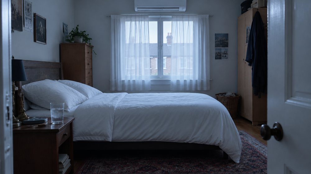 The finished bedroom, cool, with the unit above the window