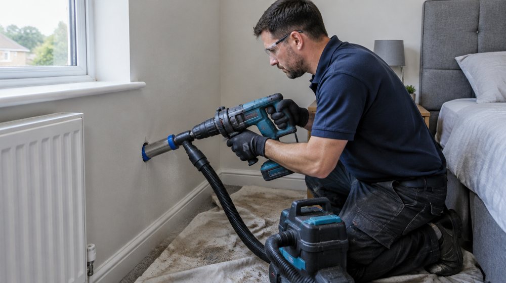 An engineer core-drilling the pipe hole through the bedroom wall