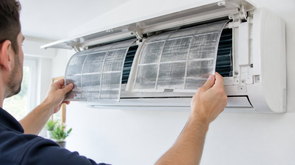 Lifting the washable filters out of the indoor unit