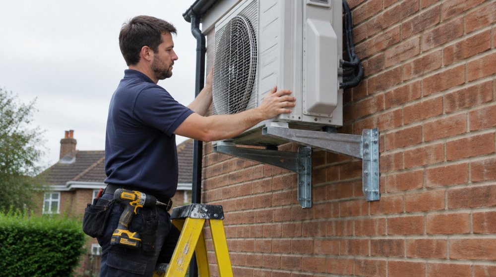 An engineer on a step ladder fixing the outdoor unit onto wall brackets