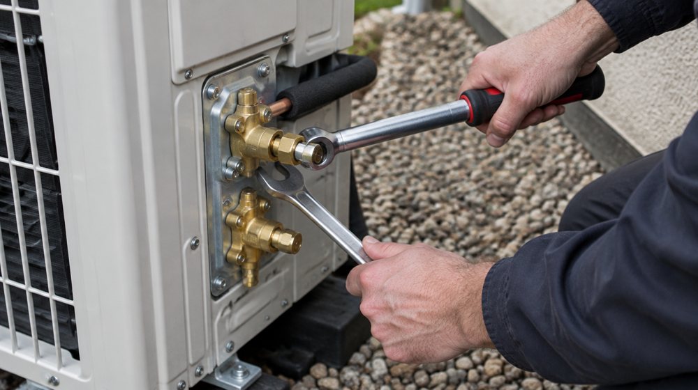 Tightening a flare nut on the outdoor unit with a torque wrench