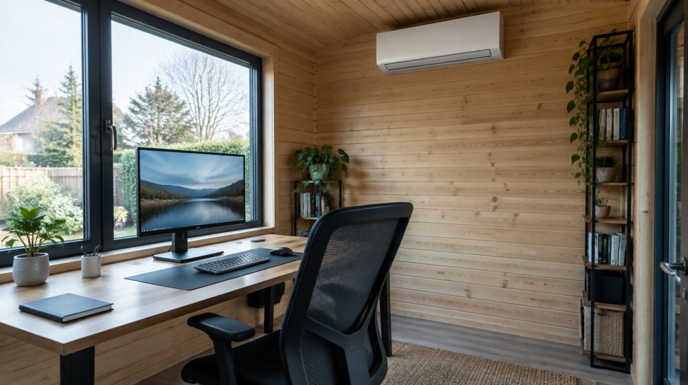 A garden office with a wall-mounted unit