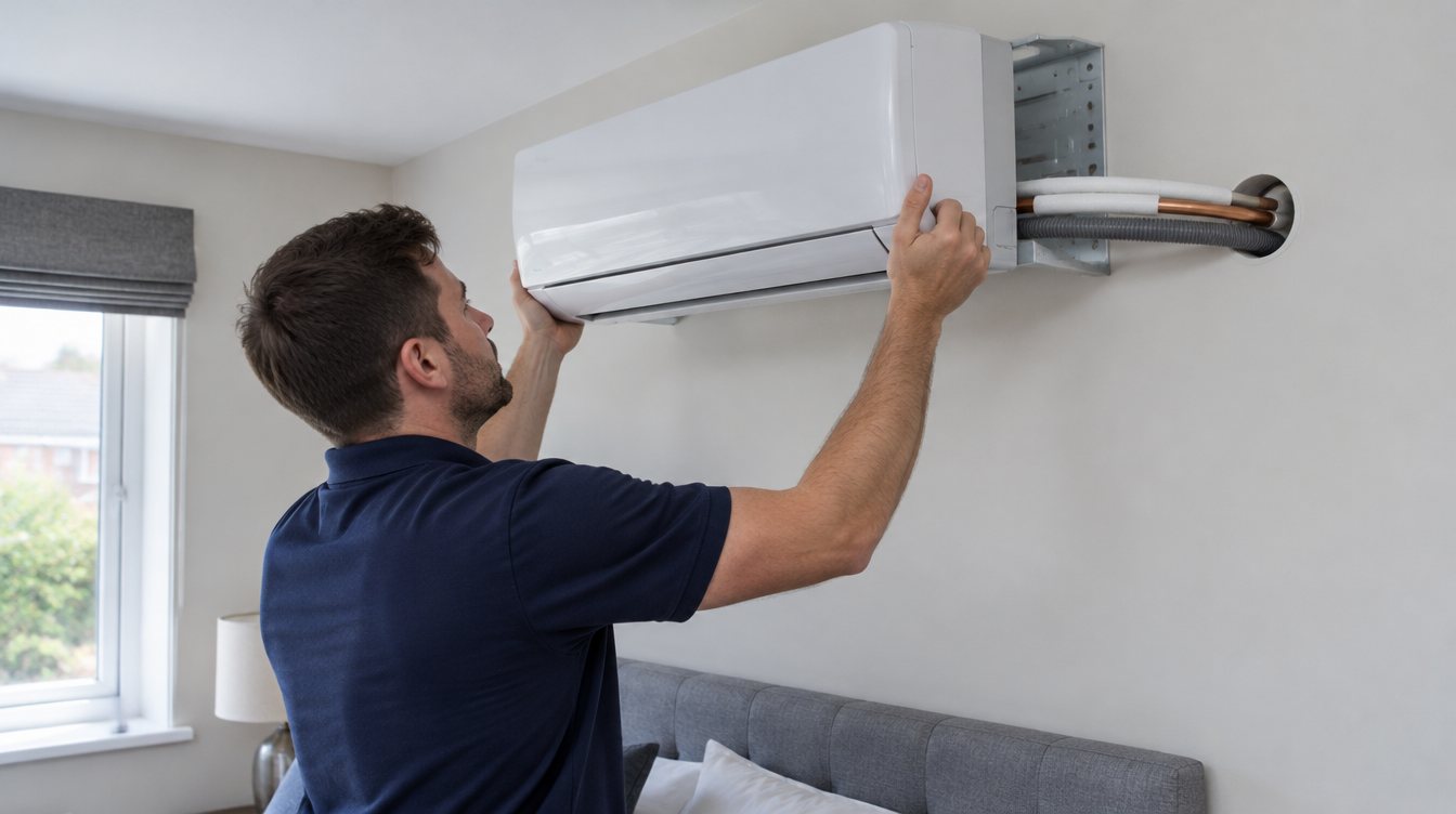 An engineer lifting a wall-mounted indoor unit onto its plate