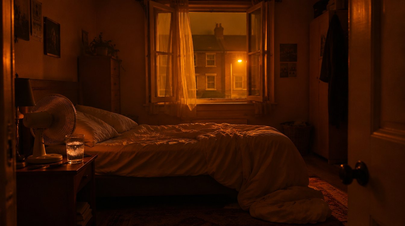 A bedroom at night in a heatwave: window open, fan on the bedside table, duvet on the floor