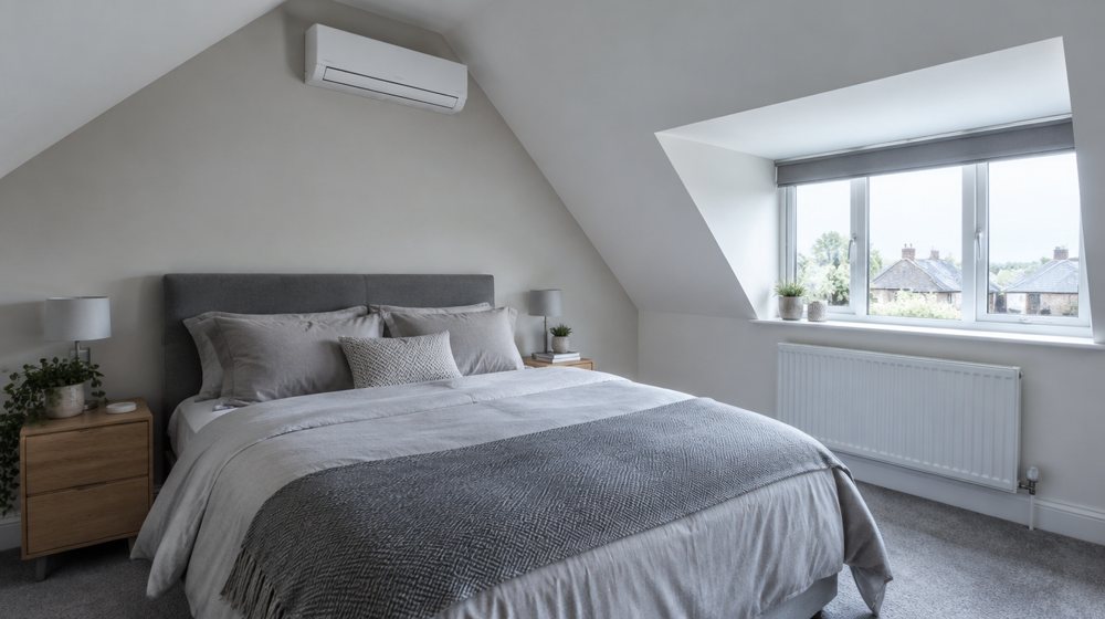 A loft bedroom with a unit on the gable wall