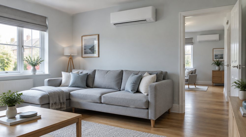 A living room with a wall-mounted unit, and a second unit visible in the next room