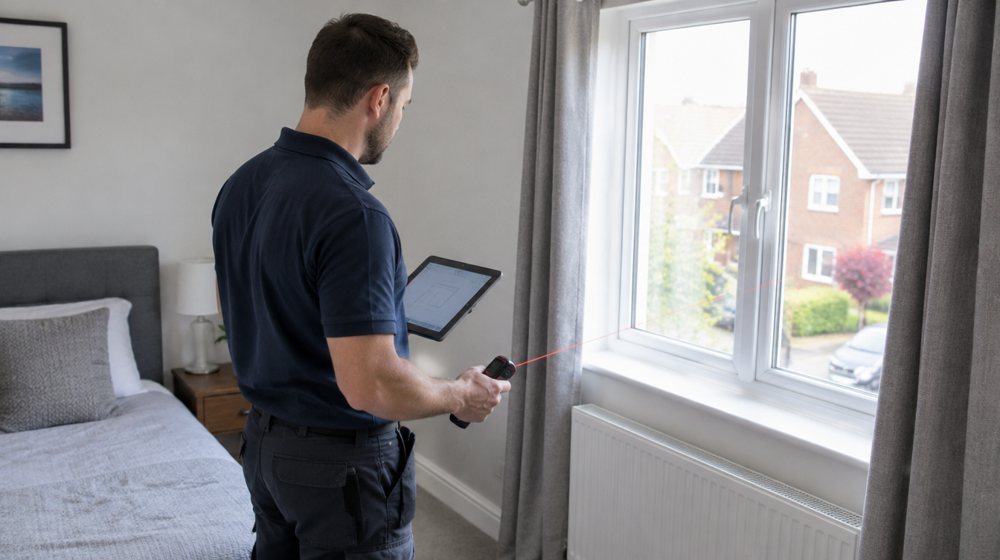 An engineer measuring a bedroom with a laser measure and tablet