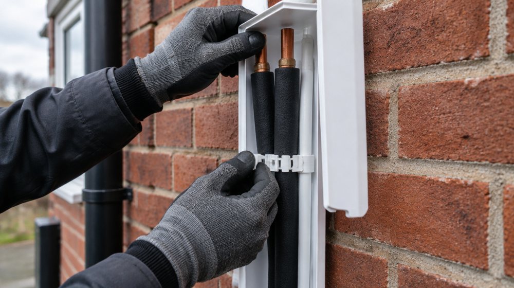 Pipes being clipped into trunking on a brick wall