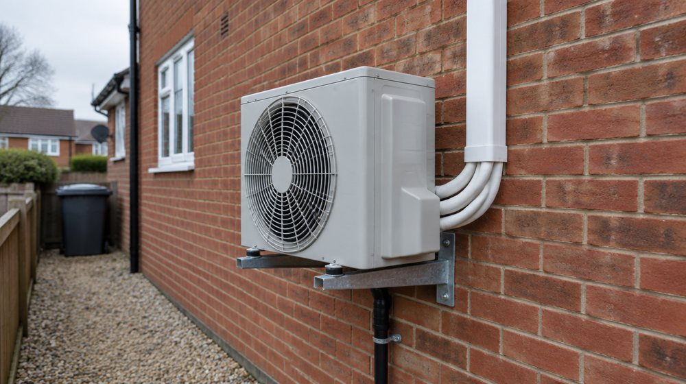 An outdoor condenser unit on wall brackets with pipework in trunking