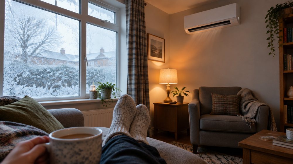 A living room on a frosty morning with the unit in heating mode